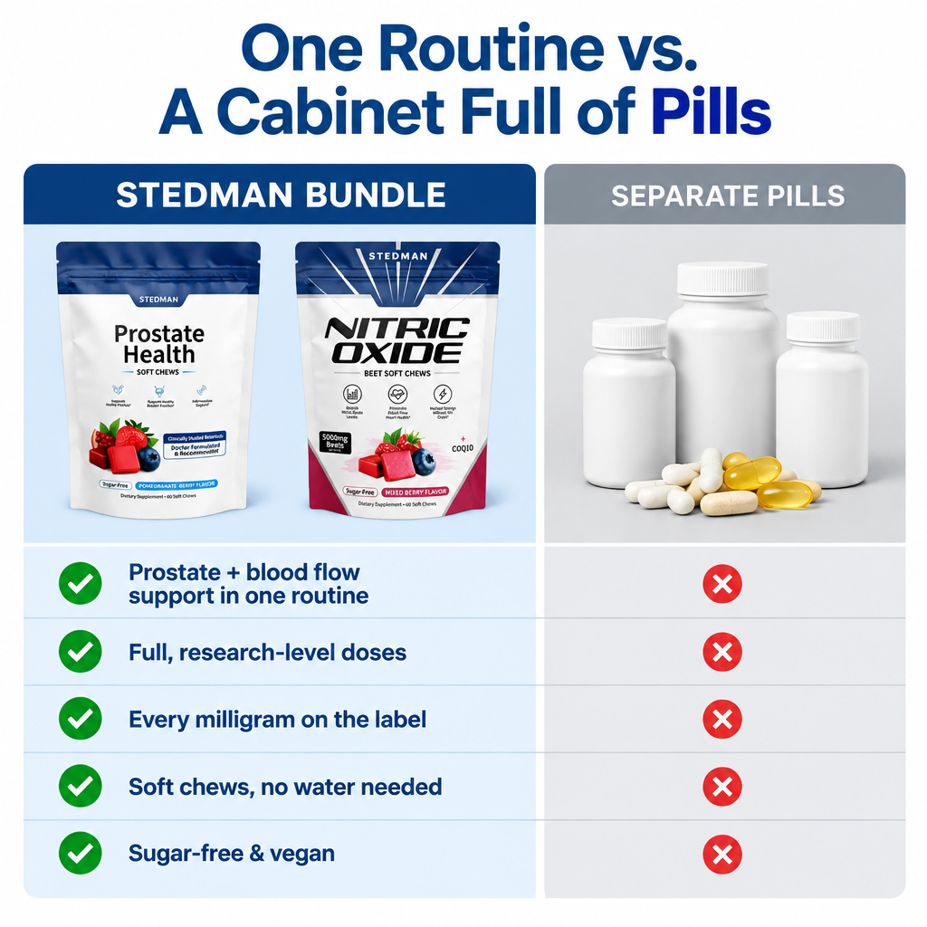One routine vs a cabinet full of pills – Stedman bundle vs separate pills