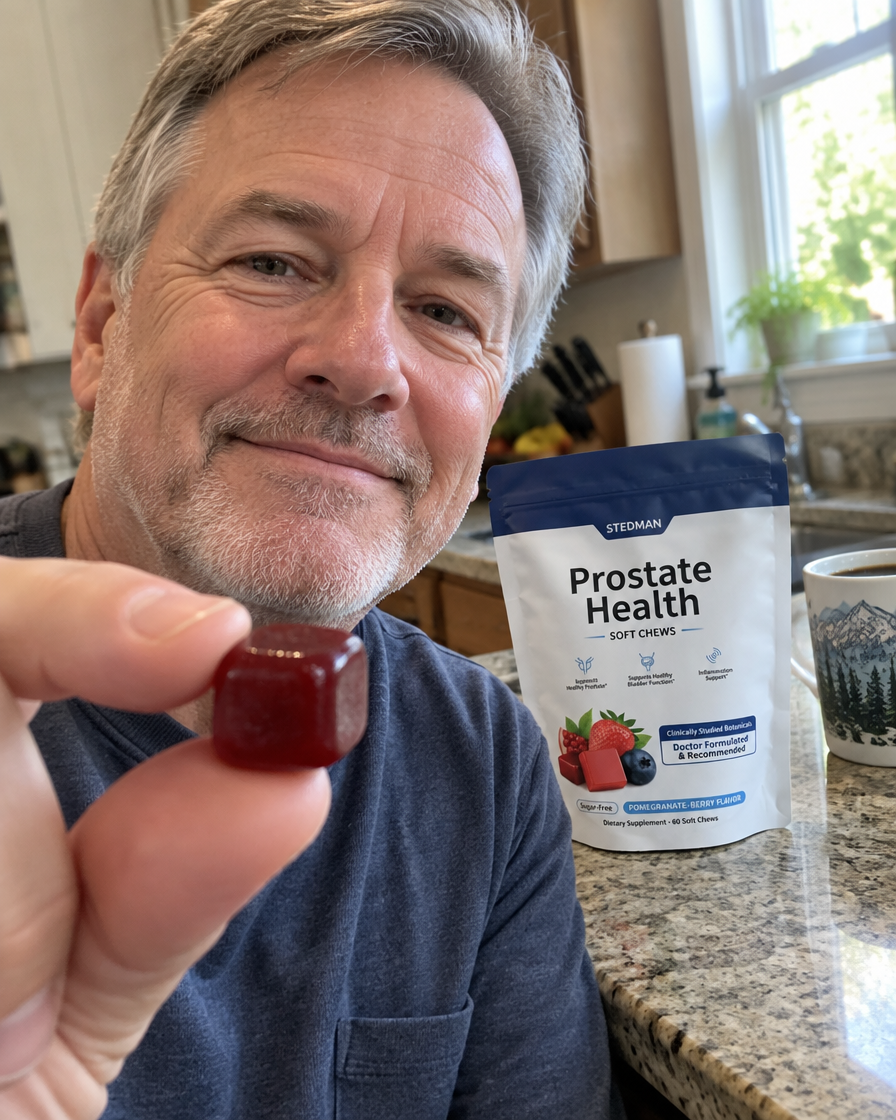 Four Stedman soft chews in hand, with both pouches